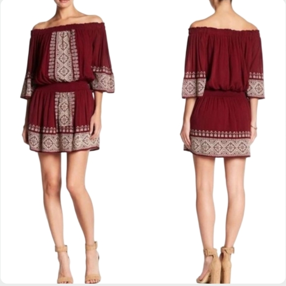Revolve Tularosa Fiona Off Shoulder Embroidered Burgundy Dress Medium Boho - Picture 1 of 12